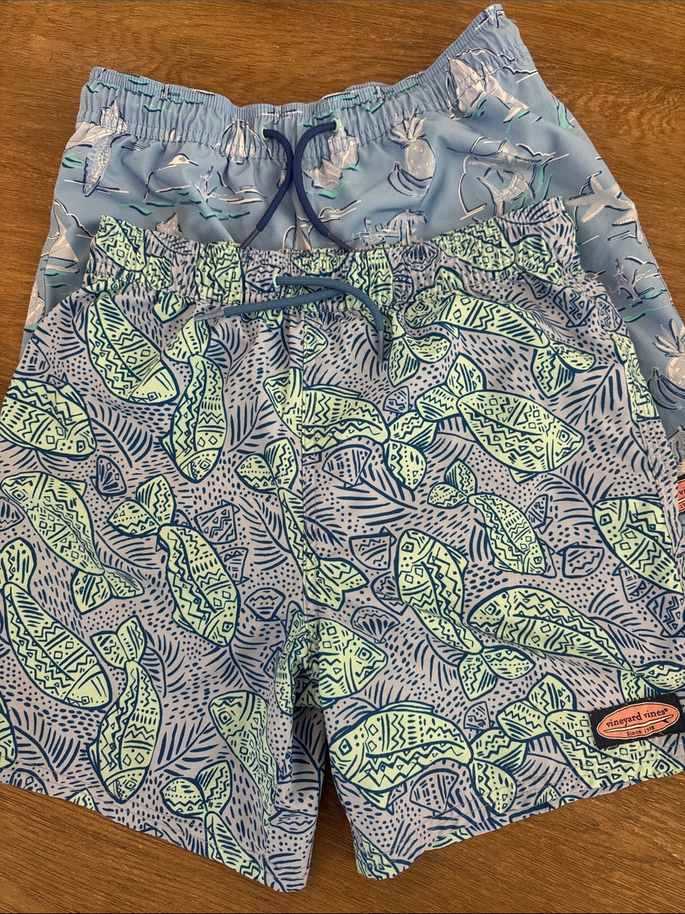 Vineyard Vines Boys Blue & Mint Fish Print Swim Trunks